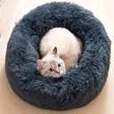 Cat Beds for Indoor Cats - Cat Bed Washable 10 inches, Dog Beds for Small Medium Dogs, Anti Anxiety Round Fluffy Plush Faux Fur Pet Bed, Thick Bottom, Dark Grey, Medium