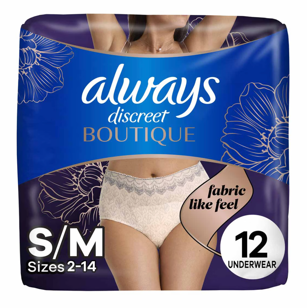 Always Discreet Boutique Incontinence and Postpartum Underwear for Women, Maximum Protection, Small/Medium, Rosy, 12 Count