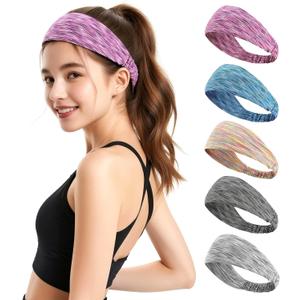 Sweat Headbands for Women - Moisture Wicking Wide Yoga Headband, Non Slip Soft Elastic Sports Headbands for Workout, Running, Gym - 5 Pack Colorful Assorted