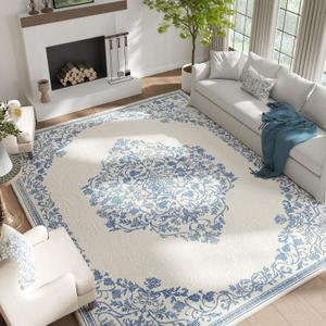 jinchan Area Rug 6x9 Washable Rug Vintage Living Room Carpet Thin Non Slip Large Mat Floral Medallion Boho Floor Cover Low Pile Carpet for Bedroom Dining Room Nursery Office Farmhouse Blue On Cream