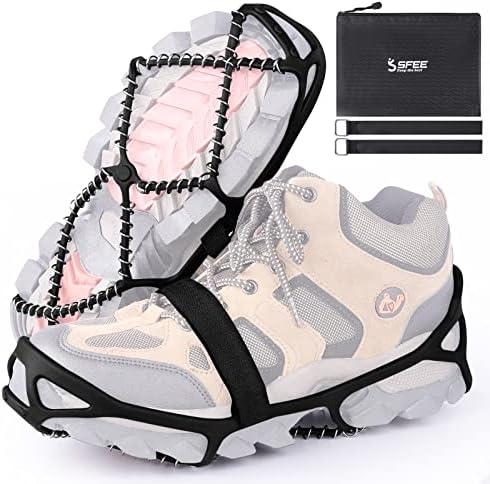 Sfee Ice Cleats for Walking on Ice Snow Grips Crampons Traction for Shoes/Boots, Anti-Slip Portable Flexible Footwear for Walking Climbing Hiking Fishing Outdoor Running with 2 Adjustable Straps L