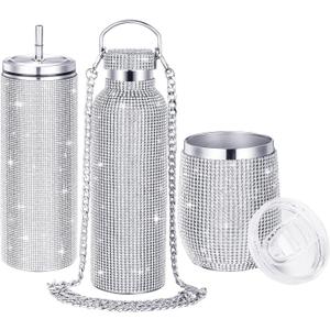 Youyole 3 Pcs Diamond Water Bottle Rhinestone Water Bottle Glitter Tumbler Thermal with Chain Bling Cups with Lids Rhinestones Stainless Steel Thermal for Women Girl (Classic Style)