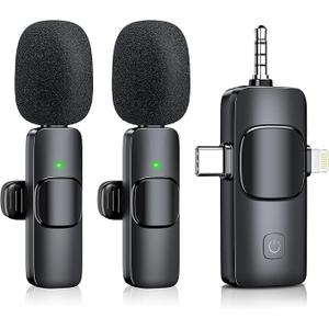 Wireless Lavalier Microphone for iPhone & Android & iPad & Camera - 2 Pack 3 in 1 Mini Microphones with Noise Reduction Lapel Mic for Live Stream Content Creators Podcast