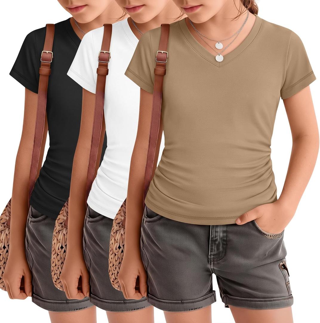 2 x 3 Pack Girls Short Sleeve Shirts Summer Slim Fit V Neck Tops Side Ruched Cute Tees Basic Clothes for Kids 11-12 Years