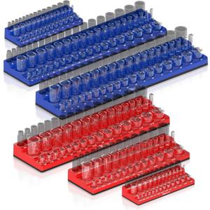 Olsa Tools Magnetic Socket Organizer | 6pc Socket Holder Kit | 1/2-Inch, 3/8-Inch, & 1/4-Inch Drive | Socket Organizers For Toolboxes | Blue | Holds 273 | Professional-Grade Tool Organizer | Part 1669 (Sae Red, Metric Blue)