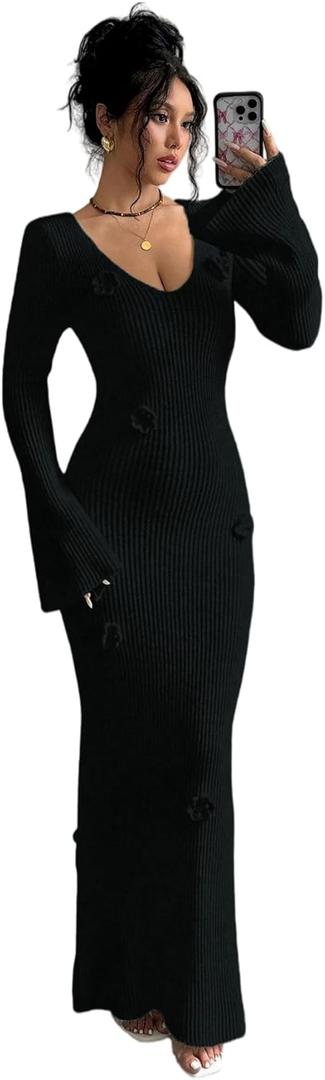 SISKIN Maxi Slimming Fitted Sweater Dress Long Sleeve Ribbed Bodycon Knit Winter Baby Shower Dress (Small, Black)