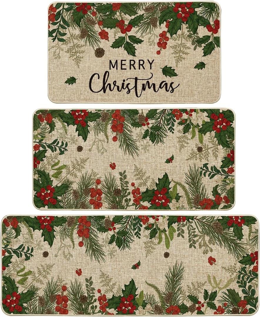 Artoid Mode Leaves Holly Merry Christmas Kitchen Mats Set of 3, Winter Home Decor Low-Profile Kitchen Rugs for Floor - 17"x29"+17"x36"+17"x47" (Green/Beige)