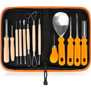 Elmchee Halloween Pumpkin Carving Tools, Jack-O-Lanterns 13 Piece Professional pumpkin cutting carving supplies tools Kit stainless steel lengthening and thickening with Handbag
