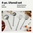 Amazon Basics Stainless Steel Cooking Utensil Set with Ladle, Spatula, Slotted Spatula and Slotted Spoon, 4-Piece Set, Soft Grip Handle, Dishwasher-Safe, Linen Gray