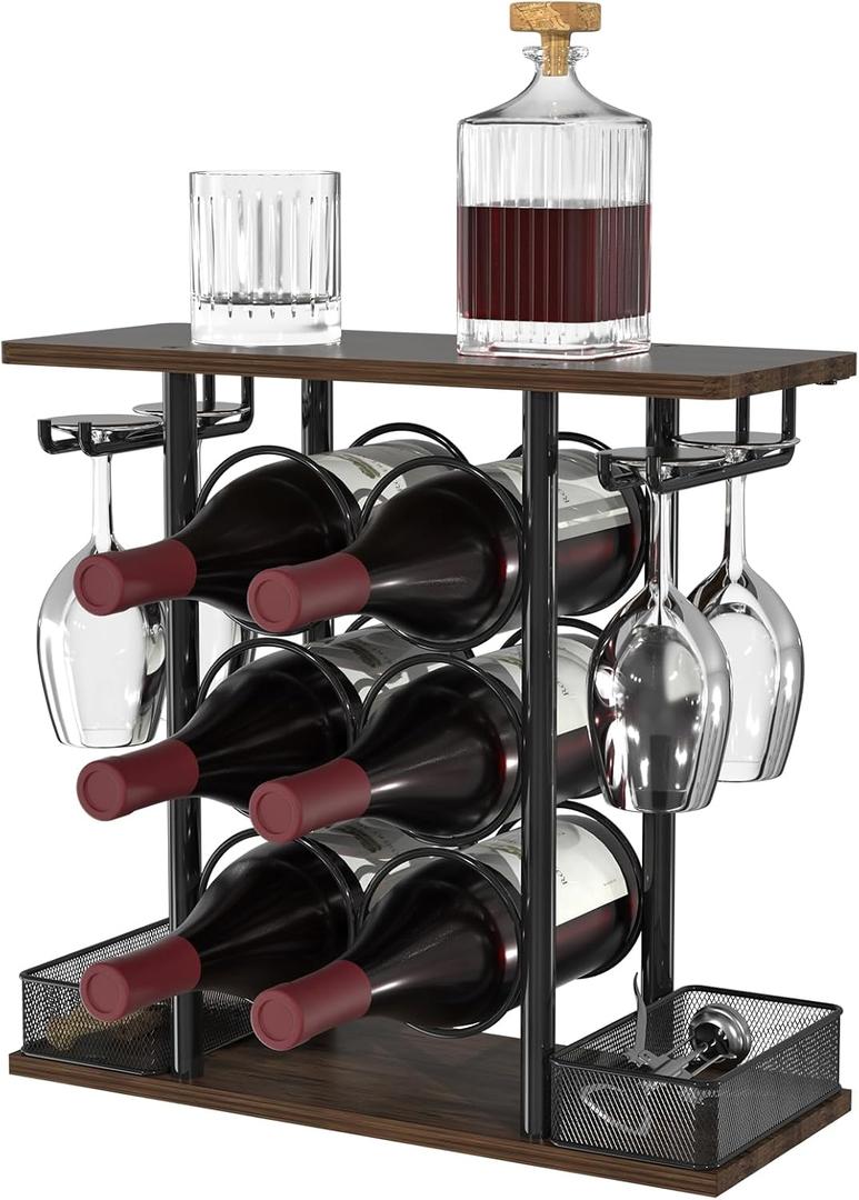 VyGrow Countertop Wine Rack, 3 Tier Wood & Metal Small Wine Rack Up to Hold 6 Bottles and 4 Glasses, Wine Bottle Holder for Home Bar Tabletop Kitchen Cabinet, 6.29" D x 16.14" W x 15.82" H