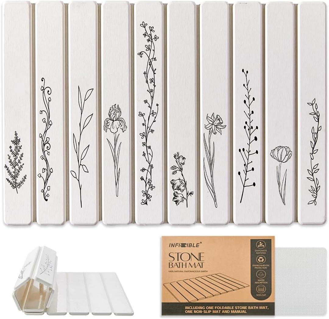 Foldable Stone Bath Mat - 24x16 Inch, Super Absorbent Diatomaceous Earth Large Bath Mats for Bathroom, Quick Dry Non-Slip Stone Drying Mats for Kitchen Counter & Bathtub (Black Floral Decor)