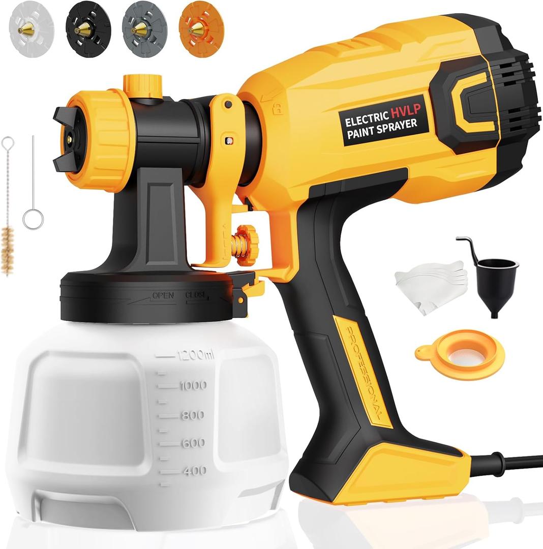 Paint Sprayer, 700W HVLP High Power Electric Spray Paint Gun with 40 Fl Oz Container, Adjustable Spray Width, 4 Nozzles & 3 Patterns, Easy to Clean, for Furniture, House, Fence, Walls, Etc. (Yellow)