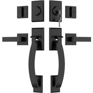 Haidms Matte Black Double Door Lock Set, Heavy Duty Double Door Handle with Dummy, Double Front Door Handle Set Black
