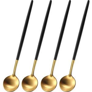 4 PCs 6.7 Inches Brush Gold Stainless Steel 304 Iced Tea Spoons With Black Handle,Long Handle Coffee Stirring Spoon,SS18/10 Matte Gold Black Handle Teaspoons