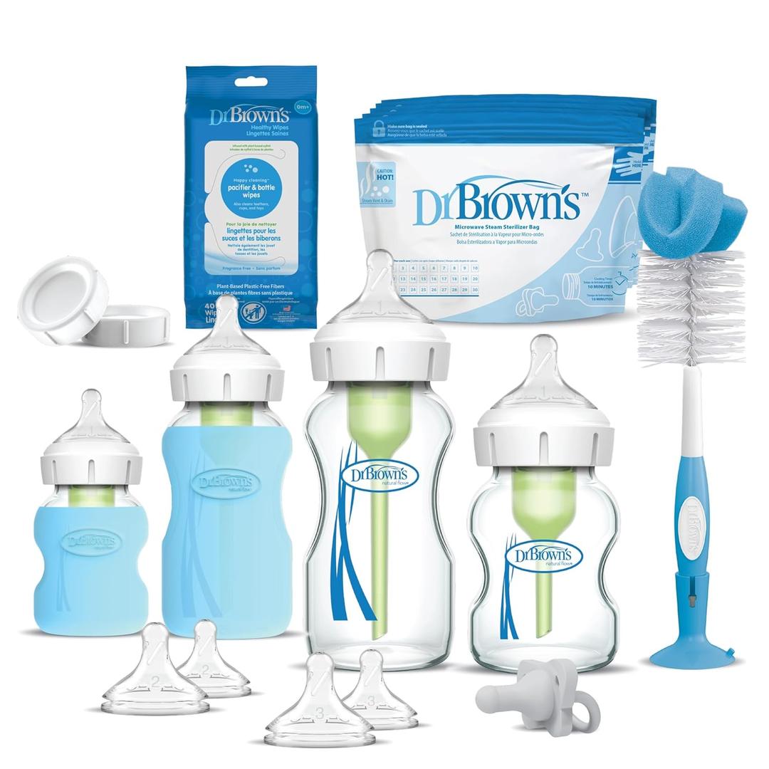Dr. Brown's Natural Flow Anti-Colic Options+ Wide-Neck Glass Baby Bottle Starter Set with 100% Silicone Glass Bottle Sleeves, Baby Bottle Brush, HappyPaci Pacifier & Pacifier and Bottle Wipes, 0m+