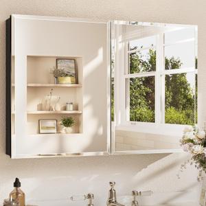 TETOTE 36 x 24 Bathroom Vanity Mirror Cabinet with Tempered Beveled Mirror Black Medicine Cabinet Aluminum Cabinet DTC Hinges, Stepless Adjustable Shelves, Recessed/Surface-Mounted