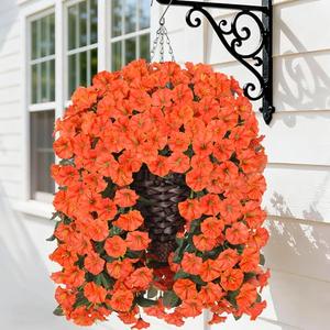 HyeFlora Artificial Fake Hanging Flowers Plants Baskets for Outdoor Decoration, Faux Silk Orange Morning Glory in Planter UV Resistant Look Real for Home Porch Patio Balcony Yard Decor