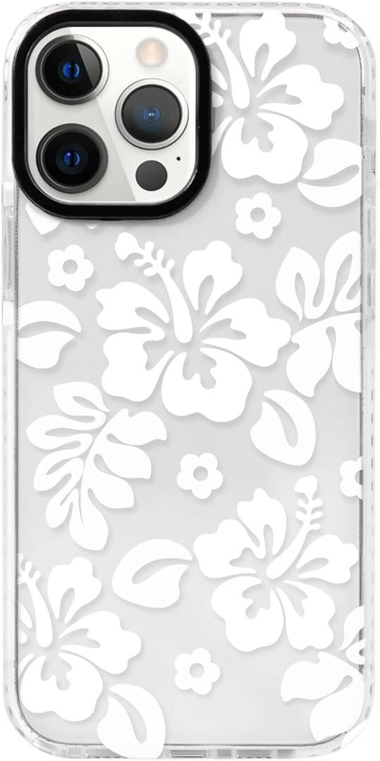 NITITOP Compatible for iPhone 14 Pro Max Case Cute Flower Floral Clear for Women Girl Hibiscu Design Ultra Slim Artistic Shockproof Soft TPU Anti-Yellow Protective Phone Cover - White