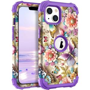 TEECOVER for iPhone 13/14 Case, Heavy-Duty Shockproof Full Protection Hard Plastic Bumper + Soft Silicone Rubber Protective Case for iPhone 13/14-6.1-Inch, Purple Butterfly