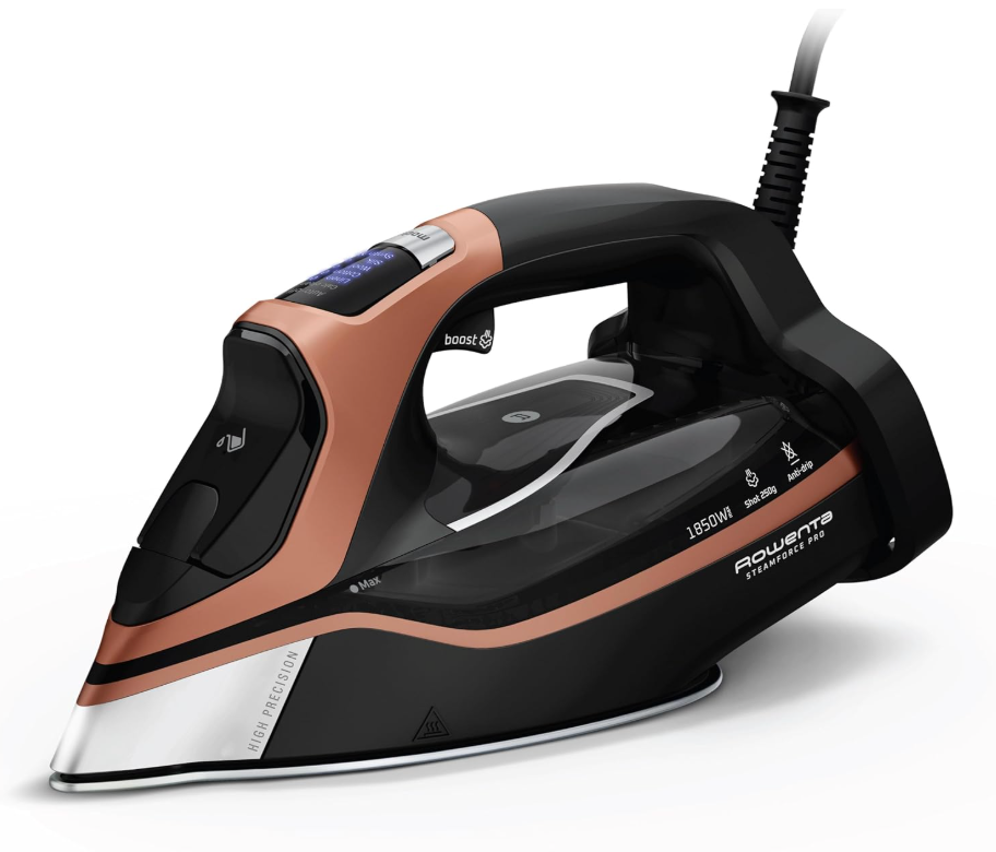 Rowenta Iron Steam Force Pro Steam Iron for Clothes, 1850 Watts, 5 Presets Smart Screen, Stainless Steel Soleplate, HighEfficiency Handheld Steamer Ironing, AntiDrip Protection, Black Copper, DW9580