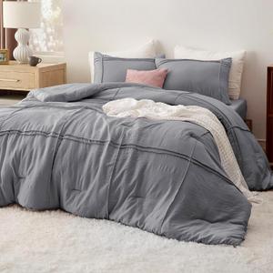 Bedsure Queen Comforter Set with Sheet - 4 Pieces Soft Beige Bedding, Grid Pinch Pleat, All Season Lightweight Fluffy Bed Set with Solid Boho Comforter, Pillowcases & Sheet 