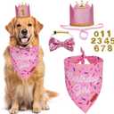 PTDECOR Dog Birthday Party Supplies, Multi Size Birthday Girl Bandana, Pink Crowns Hat Set for Large X-Large Pets (X-Large)