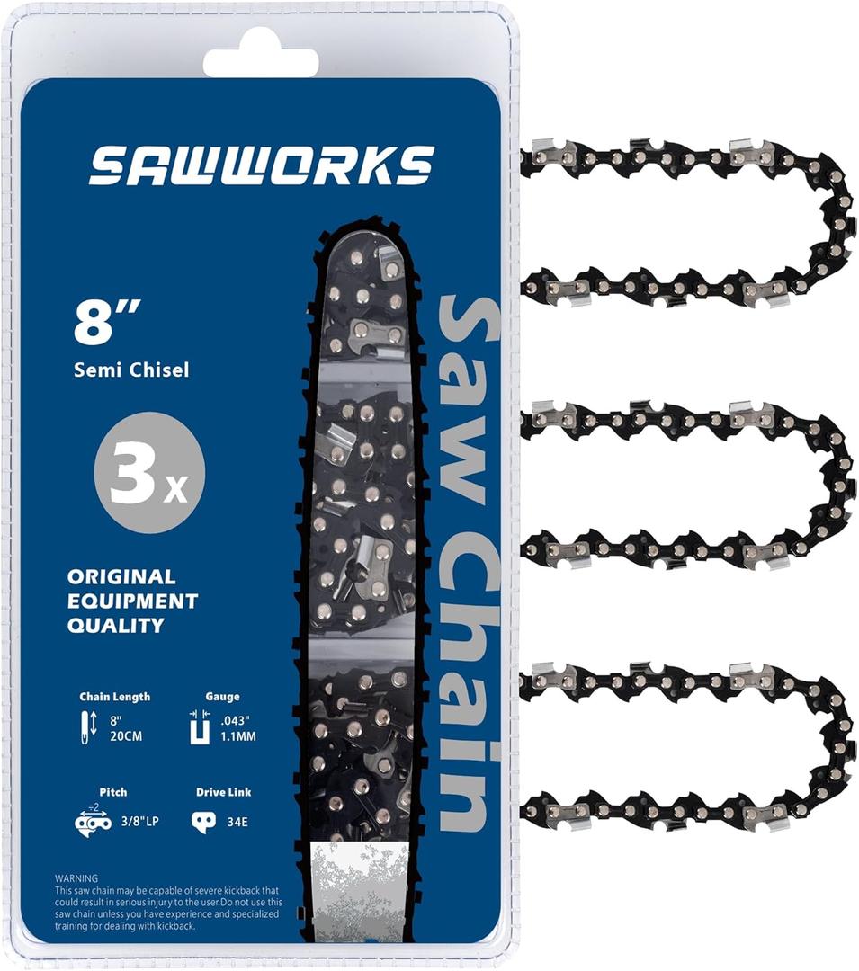 SawWorks 3-Pack 8 Inch Pole Saw Chain SW-R34, 3/8" LP Pitch - .043" Gauge - 34 Drive Links, Compatible with DeWalt 20V DWO1DT608, DCPS620, DCCS623B, DCCS623L1, Craftsman CMZCSC8, CMCCSP20 and More