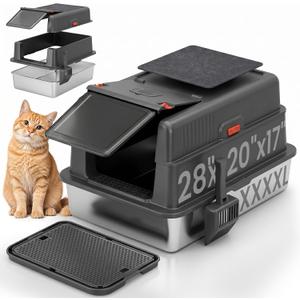 XXXXL Extra Large Stainless Steel Litter Box with Lid and Cat Scratching Pad,28" Lx20.5 Wx17 H Covered Cat Litter Box,Jumbo cat Litter Box Enclosure,Suitable for Large Cats and Multiple Cats