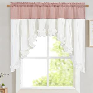 Likiyol Linen Valances for Windows Farmhouse Ruffle Swag Valance Rustic Country Window Valances Light Filtering Kitchen Curtains Rod Pocket Valance Curtains for Bathroom Cafe, Pink White, 60"W x 36"L