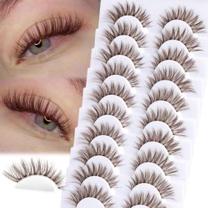 Brown Lashes Natural Look False Eyelashes Wispy Cat Eye Lashes C-Curly Dark Brown Fake Lashes 16mm Slightly Faux Mink Eyelashes Strip 10 Pairs Pack