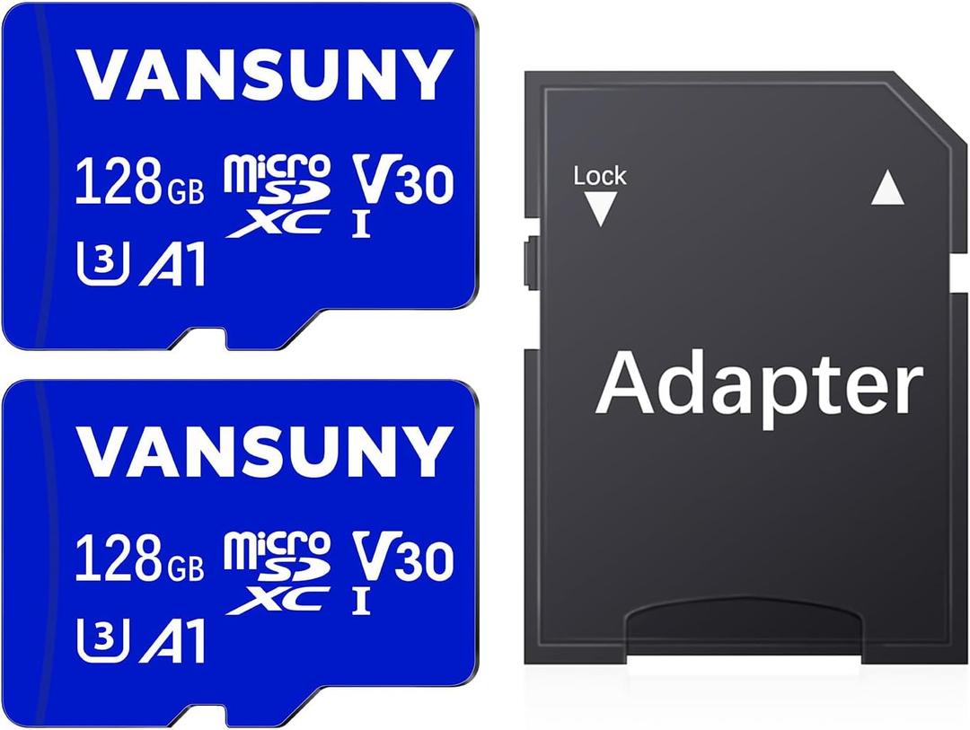 Vansuny Micro SD Card 128GB 2 Pack microSDXC Memory Card with SD Adapter A1 App Performance V30 4K Video Recording C10 U3 Micro SD for Phone, Security Camera, Dash Cam, Action Camera