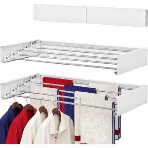 Wall Mounted Drying Rack 31.5", Foldable Laundry Drying Rack with Stainless Steel Rods, Retractable Laundry Space Saver for Indoor & Outdoor Use, Include Wall Template, 31.5" Wide