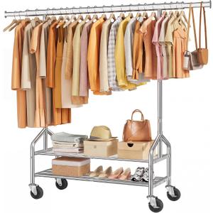 Tajsoon Clothes Rack Load 350 LBS, Clothing Rack with Double Layer Shelves, Metal Heavy Duty Garment Rack, Adjustable Length and Height, Portable Rolling Rack with Sturdy Wheel, Chrome