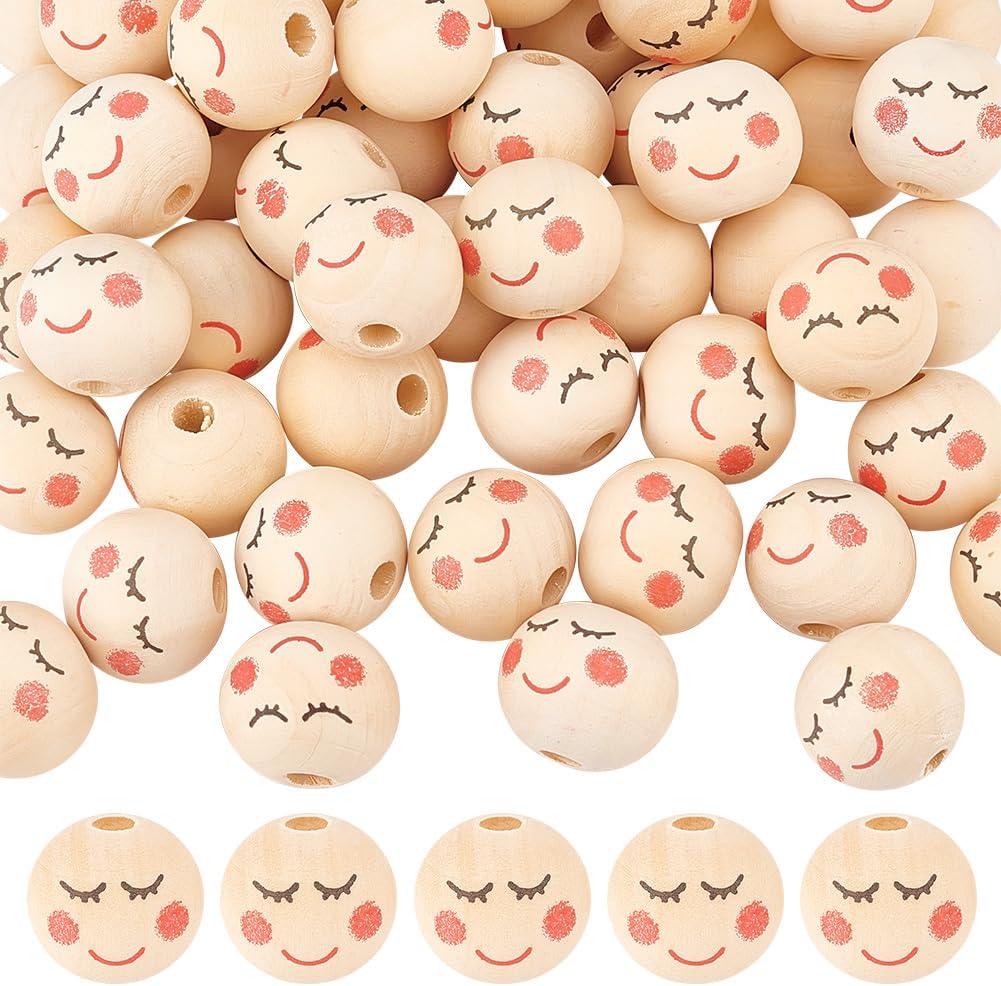 OLYCRAFT 50pcs 20mm Smile Face Wood Beads Round Wooden Beads Painted Head Bead Smiling Face Round Spacer Bead with 4.5mm Hole for DIY Crafts Hanging Decorations Jewelry Making