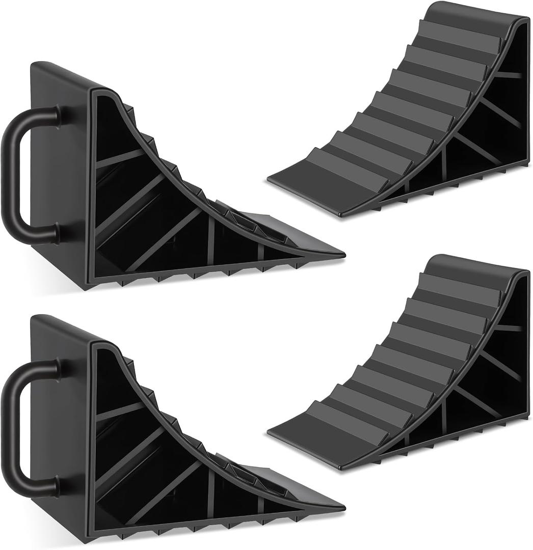 Small 4 Pack Wheel Chocks for RV Trailer, Hard Plastic Non-Slip Tire Blocks with Handles, Lightweight Anti-Roll Wheel Stoppers for Truck, Campers, Trailers, Cars and Uneven Surfaces
