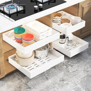 Adjustable Pull Out Cabinet Organizer 21 inch Deep, 2 Pack Adhesive Pull Out Drawers for Cabinets, Heavy-duty Slide Out Shelves for Kitchen, Pantry Room Storage, White