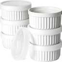LE TAUCI Ramekins with Lids, [2nd Gen] 4 oz Oven Safe Creme Brulee Ramekin Souffle Dishes with Covers, Stackable Ceramic Bowls for Baking, Pudding, Serving Dip, Custard, Ice Cream, Set of 6, White