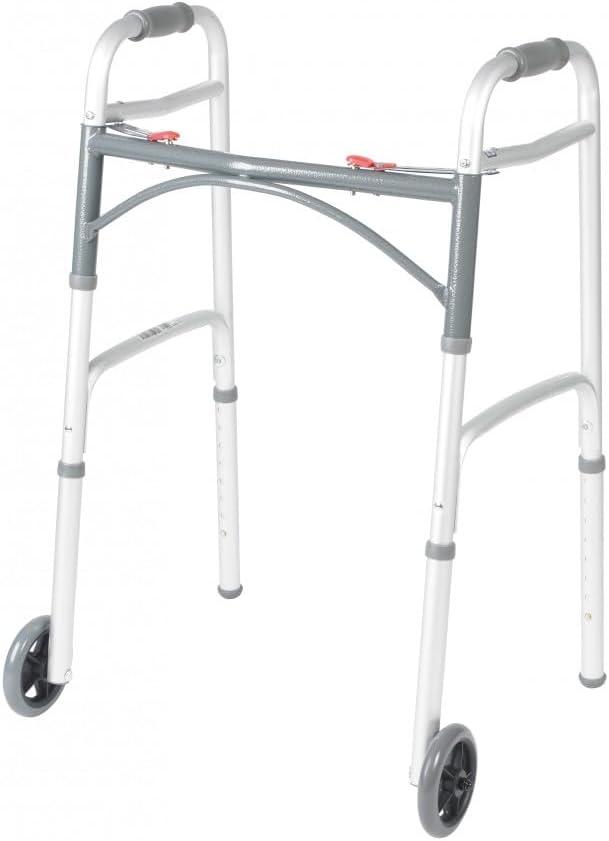 Drive Medical Two-Button Folding Walker with Wheels, Height Adjustable | Two-Button Rolling Walker Features Dual Push-Button Operation, Adjustable Height and Durable Aluminum Frame