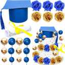 Gyufise 40Pcs 2025 Graduation Cake Topper Decoration Diploma Done Diploma Grad Cap Cake Pick Balloon Flower Prom 2025 Cake Decorations for Class of 2025 Congrats Grad Party Supplies Blue Gold