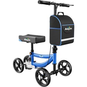 Aojin Knee Scooter for Adults for FootInjuries, 300lbs Capacity, All Terrain Foldable Knee Scooter Walker with Bag, 13" Wide Pu Seat, Compact Crutches Alternative (Blue)
