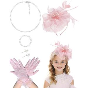 Girls Tea Party Fascinators Hats with Lace Gloves Pearl Necklace Earring Jewelry for Tea Party Wedding Accessories