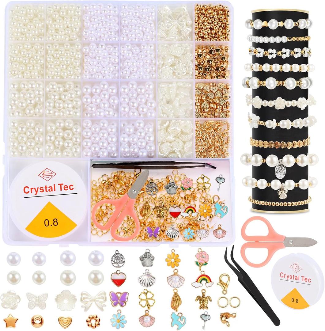 1300pcs Bracelet Making Kit, Pearl Beads for Bracelets, Charm Bracelet Making Kit for Adults, Jewelry Making Supplies for Girls Kids Gifts Shaped Pearl Bead Kits for DIY Craft Necklace Earrings (Beige)