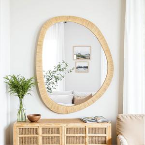 sawsile Rattan Mirror, 31.5x25.2 Irregular Boho Bathroom Rattan Farmhouse Wicker Asymmetrical Wood Wall Mirror for Nursery, Bathroom, Living Room, Washroom