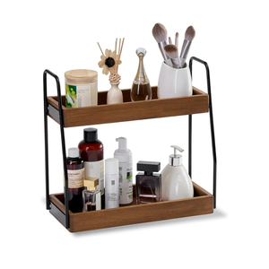 Acacia Wood 2-Tier Wooden Organizer Countertop 15.4” x 6.7” x 14.6”, Two-Tier Bathroom Organizer, Storage Organizer, Wooden Organizer, Countertop Storage Shelf (Walnut with Black Steel)
