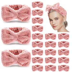 Yunlly 20 Pcs Spa Headband for Women 4 Inches Width Facial Makeup Hair Band Bulk Skincare Headbands for Washing Face Bowtie Slumber Party Supplies Fluffy Head Wraps(Rose Pink)