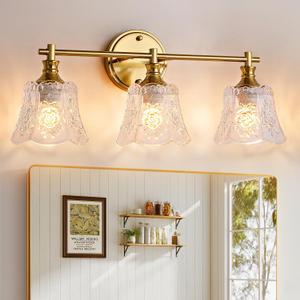 Gefolly Bathroom Light Fixtures, 3-Light Vanity Lights Over Mirror with Personalized Glass Shade, Wall Decor Lamp for Bedroom Hallway Living Room, Gold