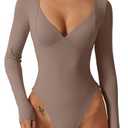 QINSEN Bodysuit Shirts for Women V Neck Seamed Cup Long Sleeve Shirt Double Lined Tops Rose Taupe Medium