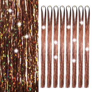 Hair Tinsel 8 Packs 1600 Strands 50 Inch Tinsel Hair Extensions Brown Heat Resistant Glitter Sparkling Shinny Fairy Hair Accessories for Women(Brown, 50Inch)