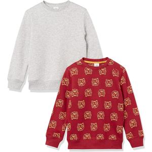 Amazon Essentials Boys' Fleece Crew-Neck Sweatshirts, Pack of 2, Medium Heather Grey/ Maroon Tiger, Large