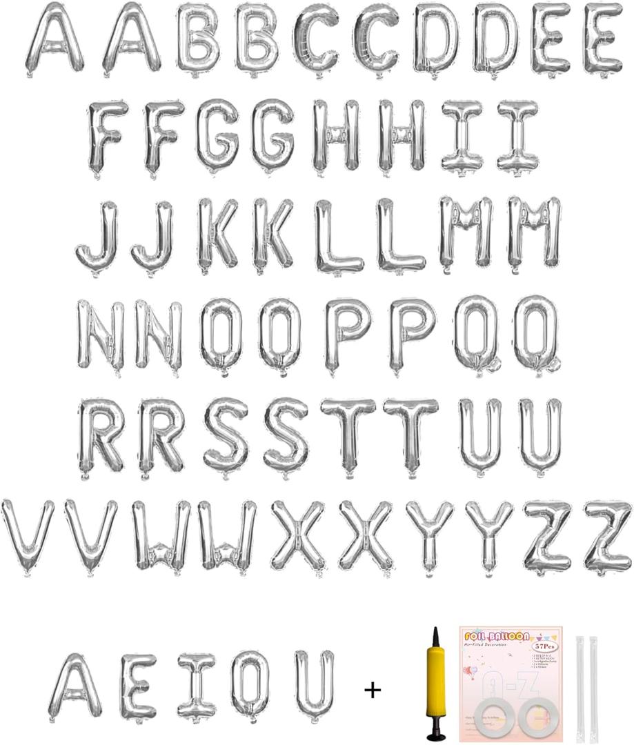 58 PCS Letter Balloons Alphabet Letters 2 Sets A- Z & 1 Sets AEIOU 16 - Inch Mylar Foil Balloons Set for Wedding/Birthdays/Annivs/Grads party Decoration Banner Custom Phrase (silver)
